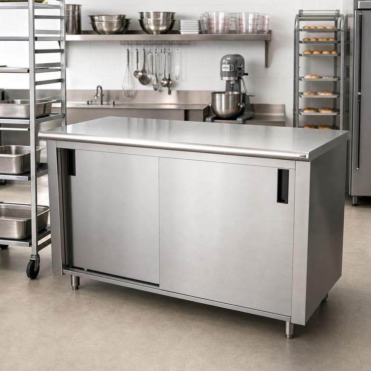Product image #2 for Advance Tabco Special Value Series Enclosed Work Table with Cabinet Base, Sliding Doors, and Mid-Shelf, 96W x 30D, 16-Gauge 304 Stainless Steel Top