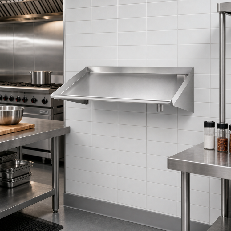 Product image #2 for Steel Works Stainless Wall-Mounted 304 Stainless Steel Slant Shelf with Outlet Pipe, 22-1/2 x 21 x 13 Inches