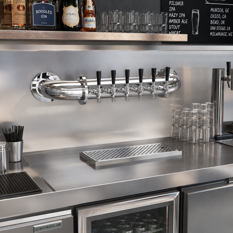 Product image #2 for Glastender Pipe Wall Draft Dispensing Tower, Wall Mount, 6 Faucets, Air Cooled, Mirror Finish