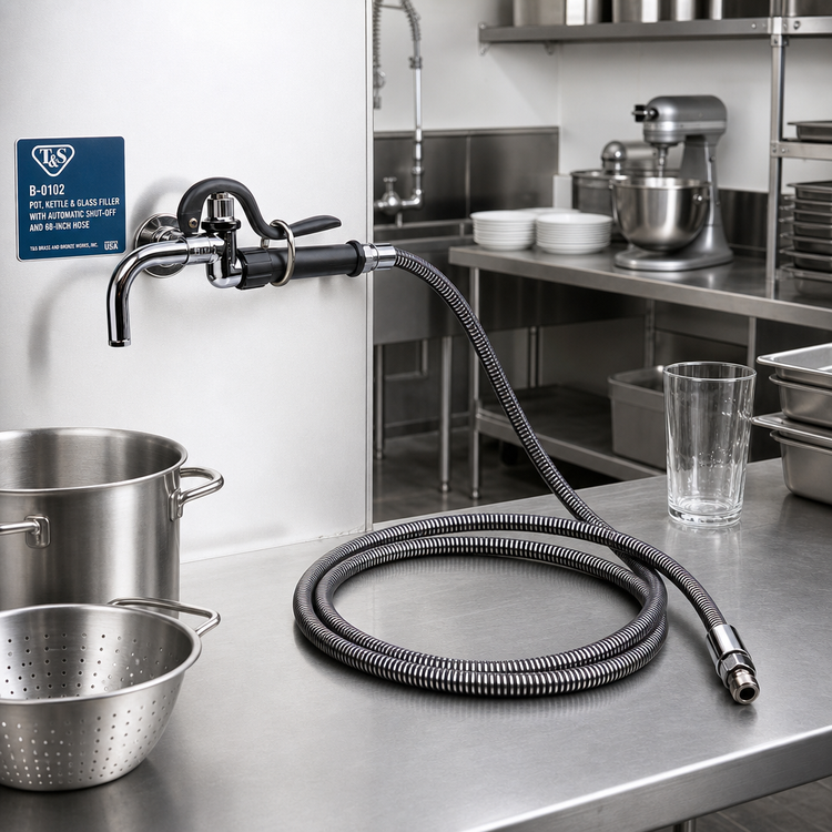 Product image #2 for T&S Brass B-0102 Pot, Kettle and Glass Filler Faucet with Automatic Shut-Off and 68-Inch Hose