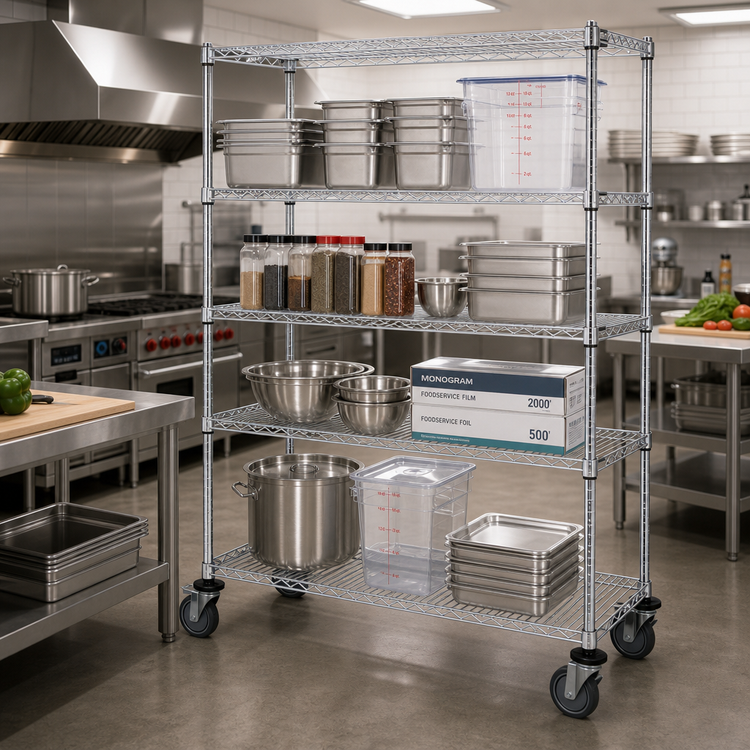 Product image #2 for Quantum 60"W x 18"D x 80"H Mobile Wire Shelving Cart with 4 Shelves, Chrome Plated Finish