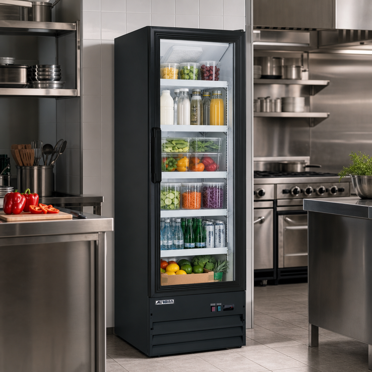 Product image #2 for Aurora Black 1-Section Reach-In Glass Door Display Refrigerator, 9 Cu. Ft., Bottom-Mount Self-Contained