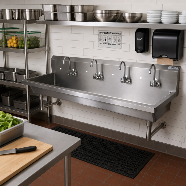 Product image #2 for BK Resources Four-Station Wall-Mounted Commercial Hand Wash Sink, 96 Inch Wide, 8 Inch Deep Bowl