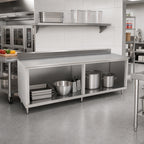 Thumbnail image #2 for John Boos 4CO4R5-30108 108 x 30 Inch Stainless Steel Cabinet Base Work Table with Open Front, 5-Inch Backsplash, 14-Gauge 300 Series Top
