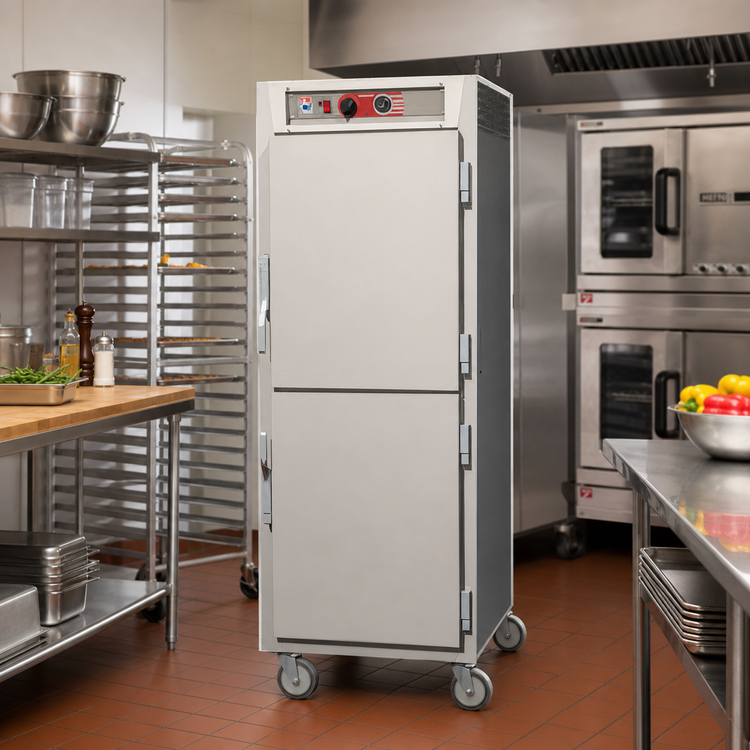 Product image #2 for Metro C5 6 Series Mobile Full-Height Pass-Thru Heated Holding Cabinet with Solid Dutch Doors, Universal Wire Slides, 17 Sheet Pan Capacity