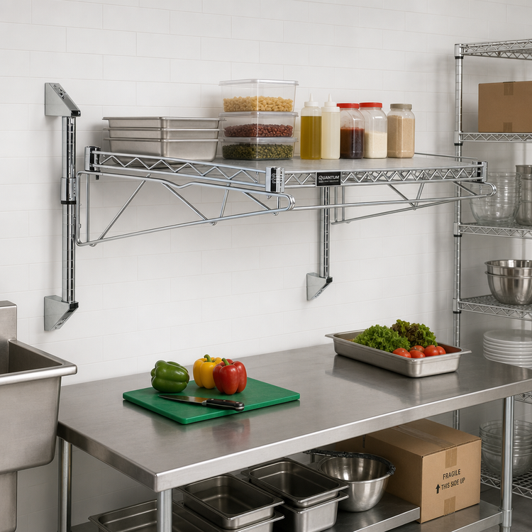 Product image #2 for Quantum Wall-Mount Cantilever Wire Shelf Unit with 72 x 24 Inch Shelf, Chrome Plated