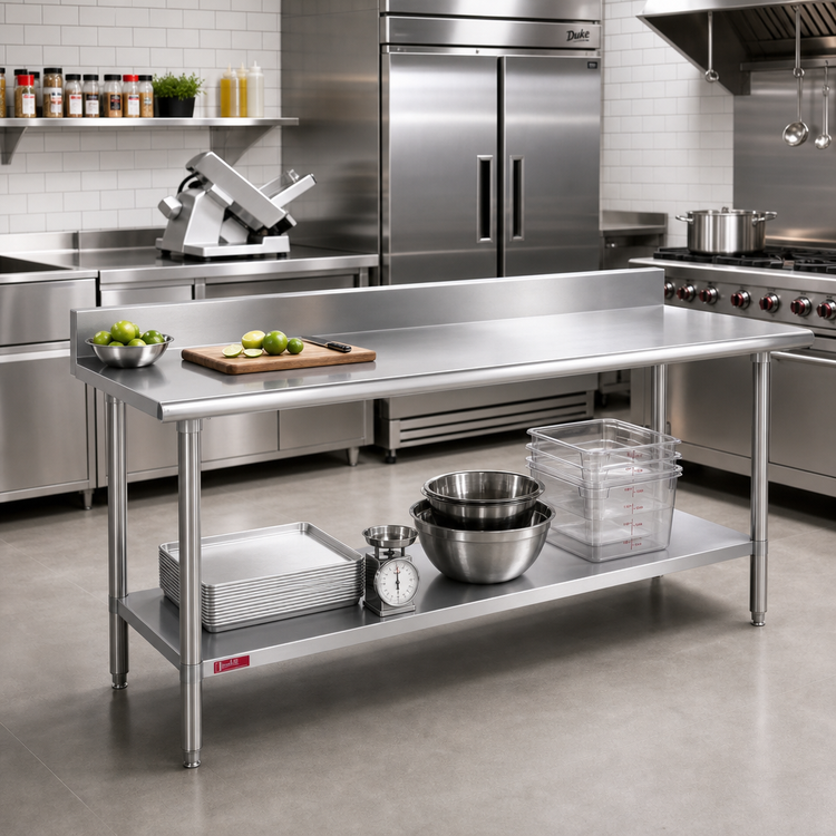 Product image #2 for Duke Deluxe Stainless Steel Underbar Work Table with Rear Riser and Undershelf, 108 x 30 Inches