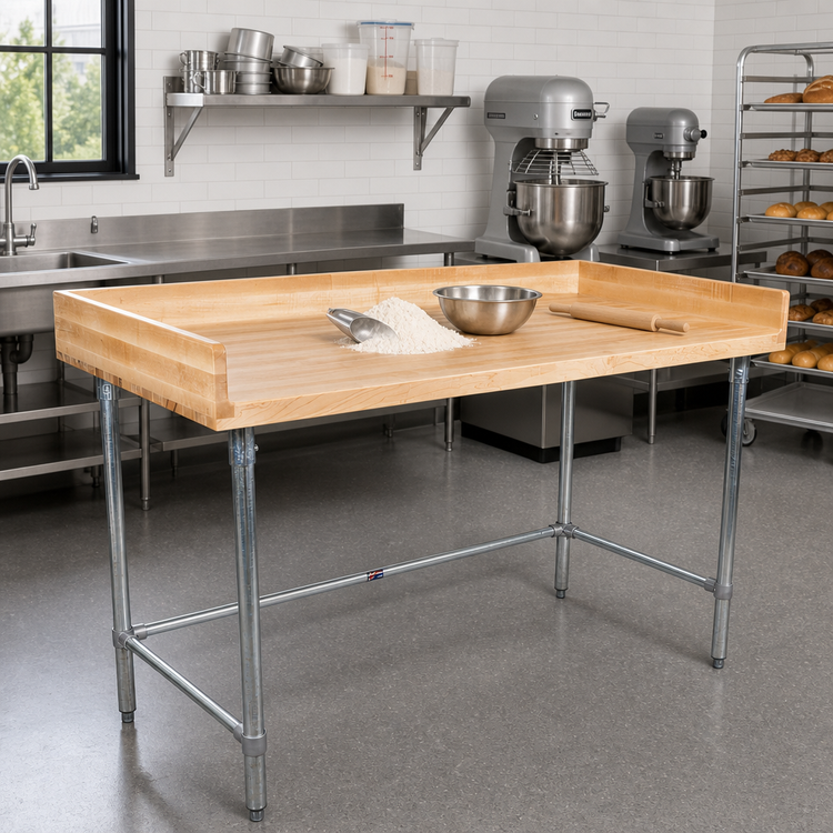 Product image #2 for BK Resources Stainless Steel Open Base Bakers Table with Hard Maple Top, 72 x 30 Inches