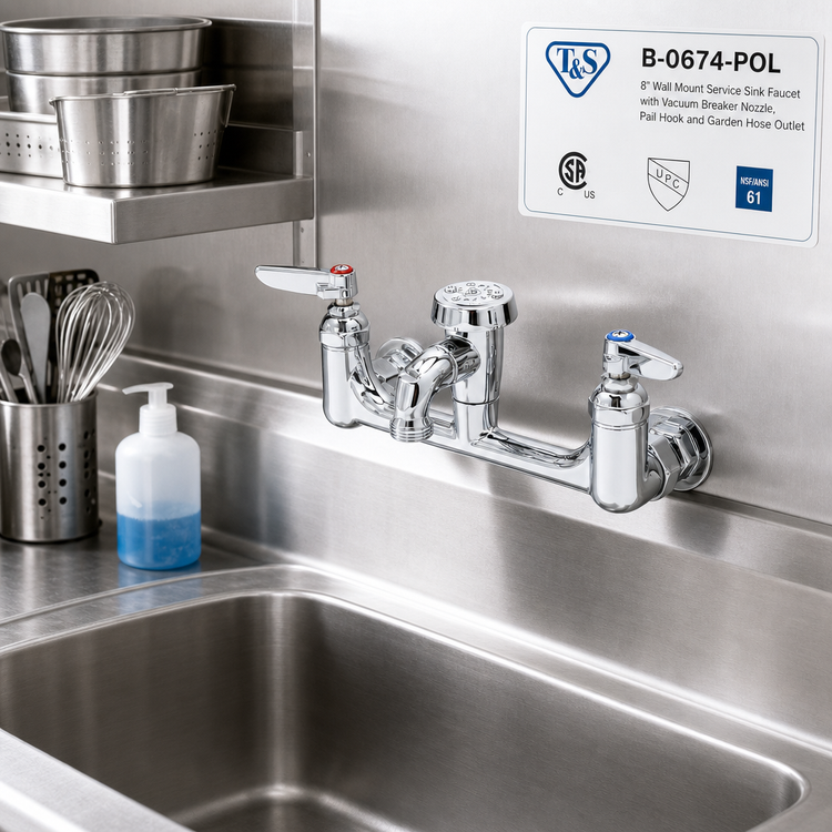Product image #2 for T&S Brass B-0674-POL 8-Inch Wall Mount Service Sink Faucet with Vacuum Breaker Nozzle, Pail Hook and Garden Hose Outlet
