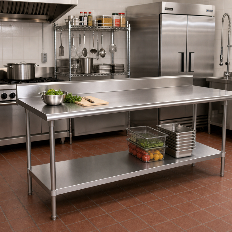 Product image #2 for Advance Tabco 108 Inch x 30 Inch 16 Gauge 430 Stainless Steel Work Table with 5 Inch Backsplash and Adjustable Undershelf
