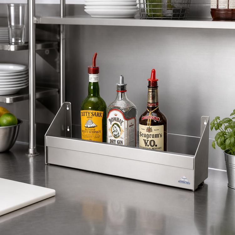 Product image #2 for Advance Tabco Underbar Basics Single Tier Stainless Steel Speed Rail, 12 Inch, 3-Bottle Capacity