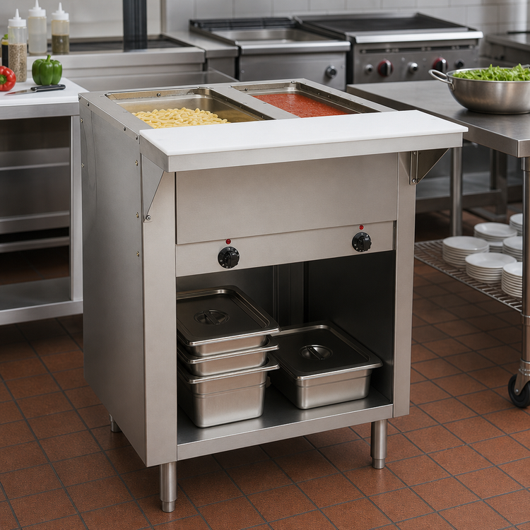 Product image #2 for Advance Tabco Triumph Supreme Electric Two-Well Hot Food Table with Open Cabinet Base and Poly Cutting Board