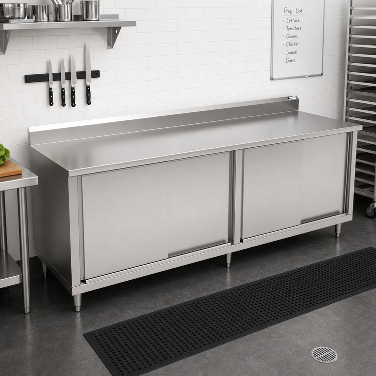 Product image #2 for John Boos 108-Inch x 24-Inch Enclosed Stainless Steel Work Table with Sliding Doors and 5-Inch Backsplash