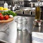 Thumbnail image #2 for American Metalcraft HMMJ4 4 oz Clear Glass Mini Mason Jar Condiment Jar with Hinged Lid Case of 72