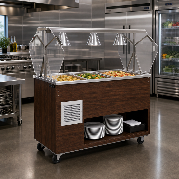 Product image #2 for Vollrath 2-Series Affordable Portable 3-Pan Refrigerated Cold Food Pan Buffet Station with Clear Acrylic Breath Guard, Walnut Woodgrain Wrapper and Open Storage Base