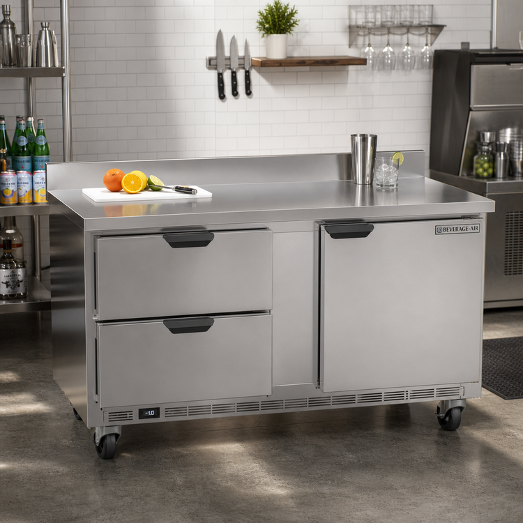 Product image #2 for Beverage-Air 60-Inch Two-Section Worktop Freezer with 2 Drawers, Solid Door, and Foamed-In-Place Backsplash