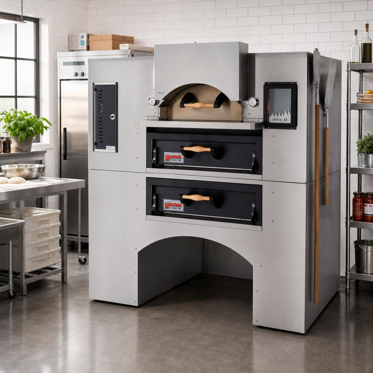 Product image #2 for Wave Flame Double Stacked Gas Deck Oven with 36" x 36" and 36" x 42" Cooking Surfaces