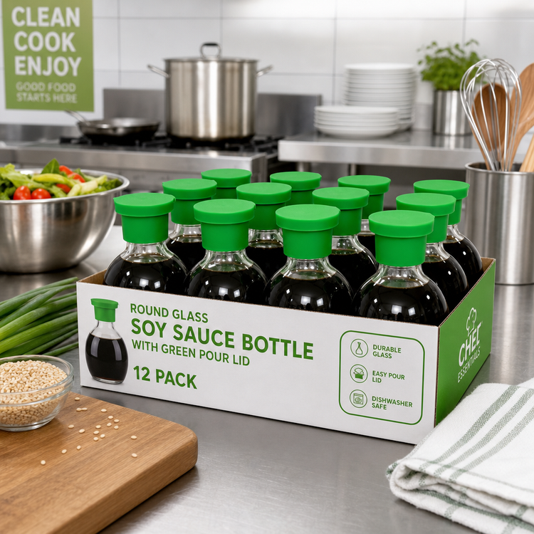 Product image #2 for Round Glass Soy Sauce Bottle with Green Pour Lid, Dozen Pack