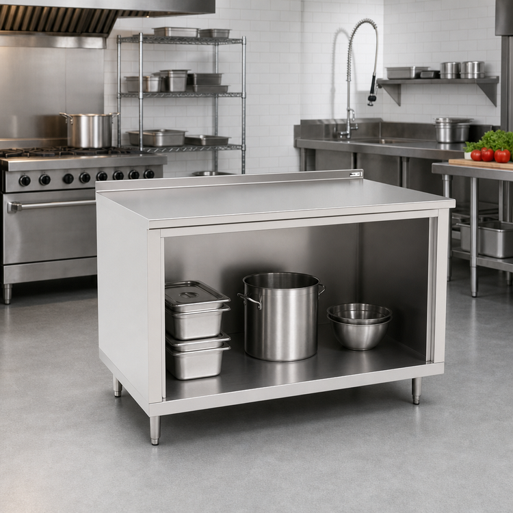 Product image #2 for John Boos Open Front Modular Base Work Table, 60 x 36 Inches, 16-Gauge Type 300 Stainless Steel Top with 1-1/2 Inch Rear Riser