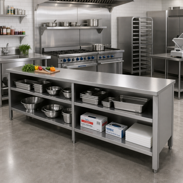 Product image #2 for John Boos 132-Inch x 30-Inch Open Front Enclosed Base Stainless Steel Work Table with Undershelf
