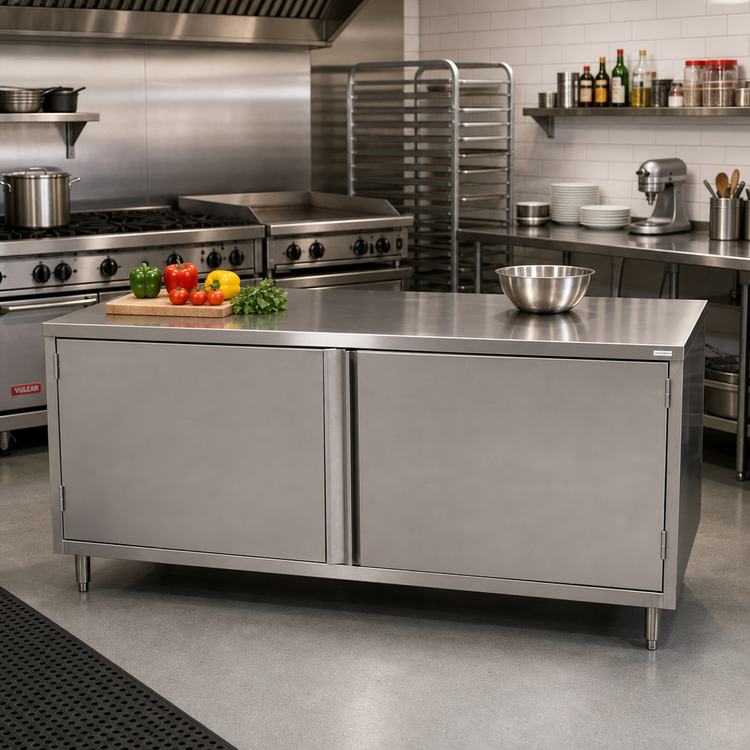 Product image #2 for 72-Inch x 30-Inch Flat Top Stainless Steel Chef Table Cabinet Base with Hinged Doors