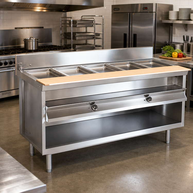 Product image #2 for La Rosa Electric Stationary Hot Food Table with Water Bath, 5 Pan Openings for 12 x 20 Pans, Open Cabinet Base, 72 x 28 Inches