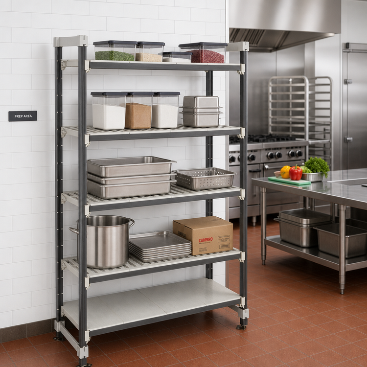 Product image #2 for Cambro Camshelving Elements XTRA 21" x 36" x 81" High Density Top Rail Stationary Starter Unit, 5-Tier, Speckled Gray