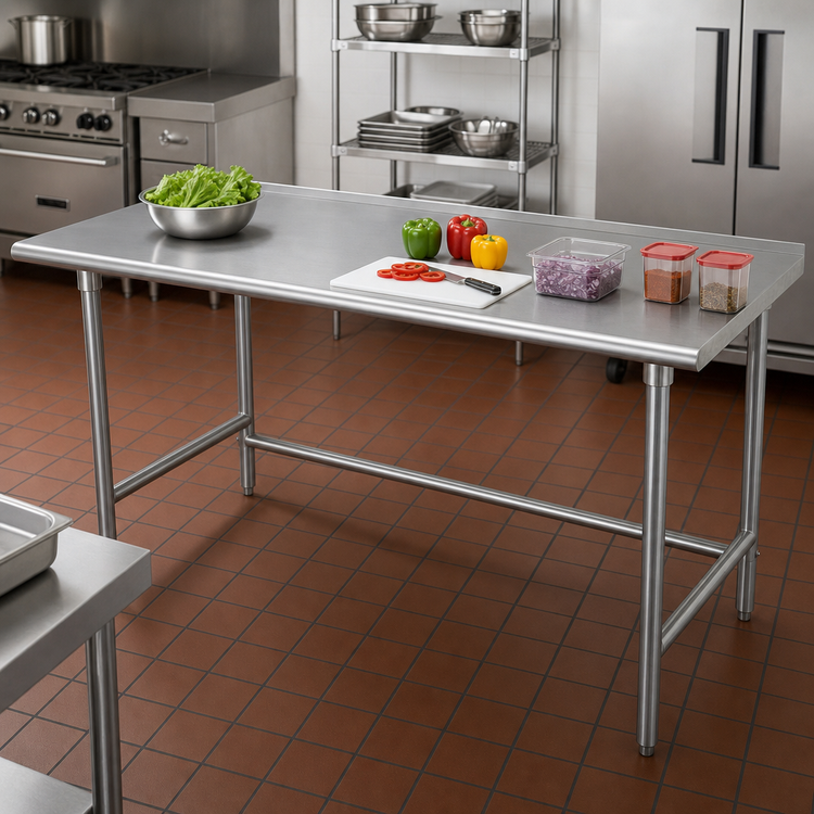 Product image #2 for Advance Tabco 120" x 36" 16-Gauge 304 Stainless Steel Work Table with 1-1/2" Rear Up-Turn and Galvanized Open Base