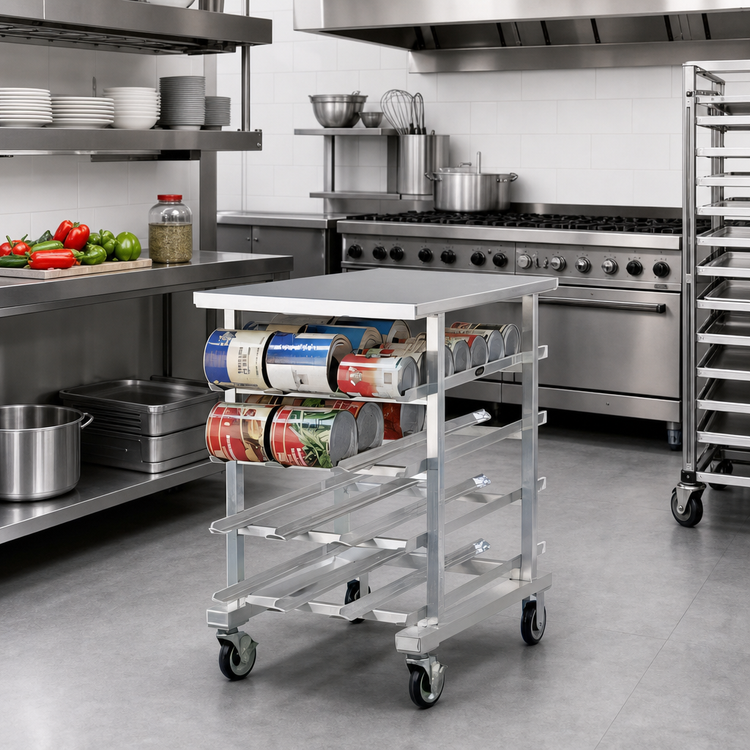 Product image #2 for New Age Mobile Half-Size Aluminum Can Storage Rack with Stainless Steel Top, 72 #10 or 96 #5 Can Capacity