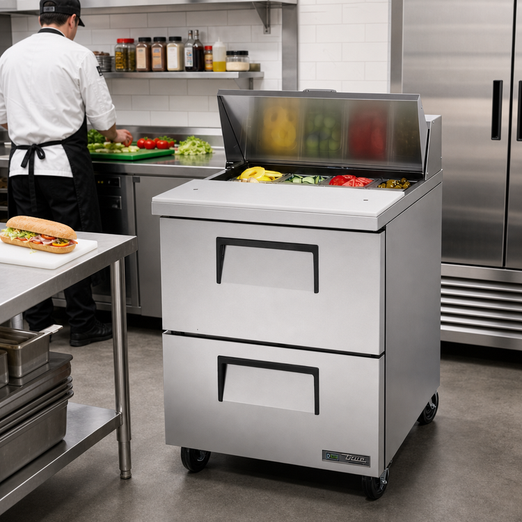 Product image #2 for True 27 5/8-Inch Two-Drawer Sandwich/Salad Prep Table with 8-Pan Top and R290 Refrigeration