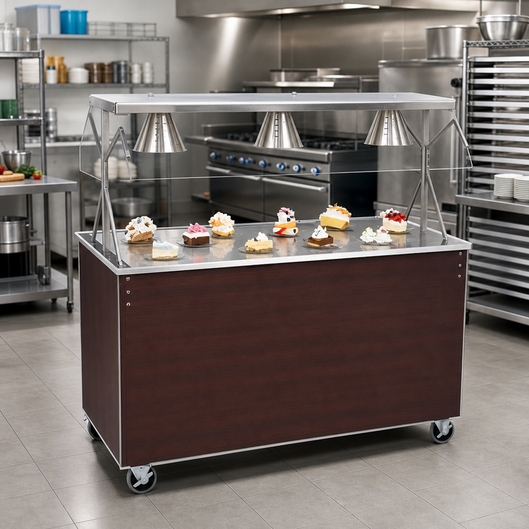 Product image #2 for Vollrath 2-Series Affordable Portable 46-Inch Mobile Utility Station with Buffet Breath Guard, Seamless Stainless Steel Top, and Cherry Woodgrain Base