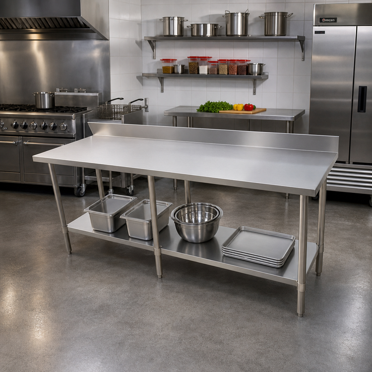 Product image #2 for Omcan 84-Inch x 30-Inch Stainless Steel Flat-Top Work Table with 4-Inch Backsplash and Undershelf