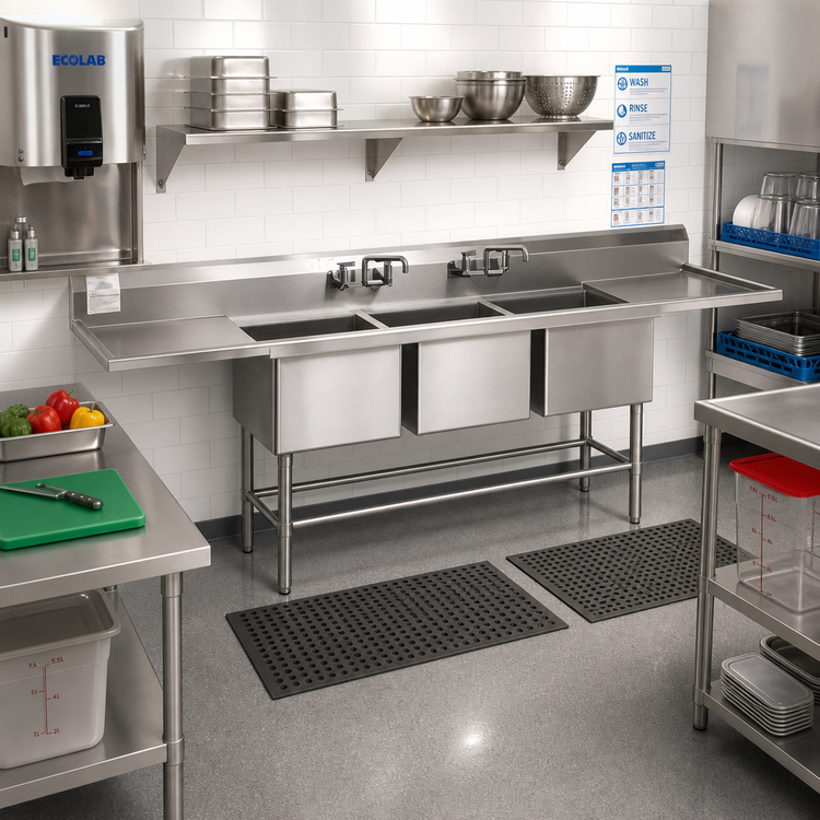 Product image #2 for Eagle Spec-Master FN Series Coved-Corner Three-Compartment Sink with Dual 18-Inch Drainboards, 96-Inch Wide, 14-Gauge Stainless Steel