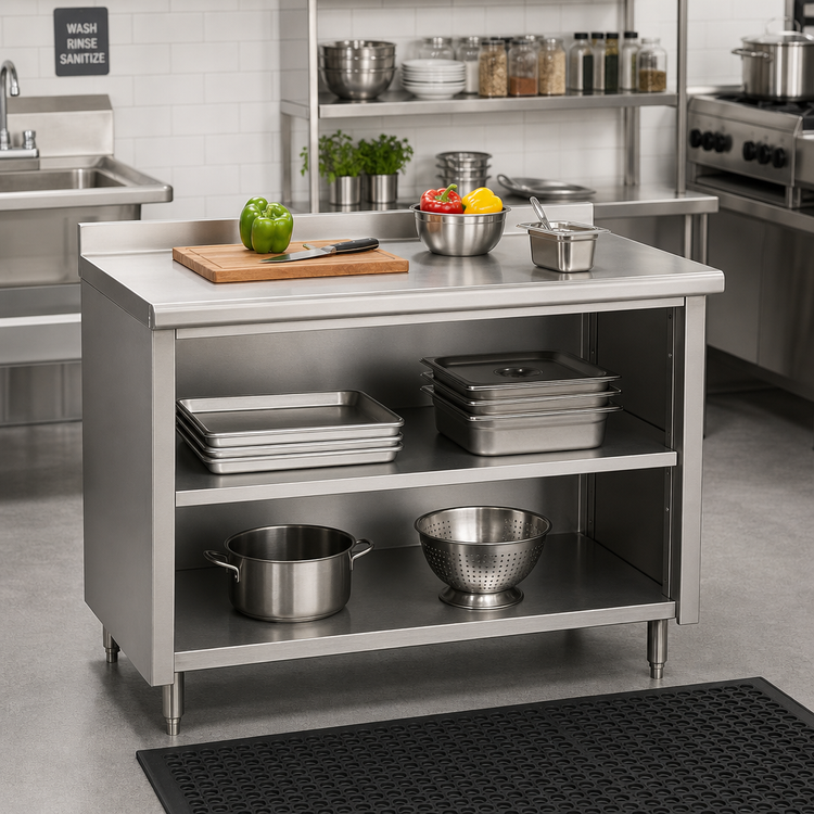 Product image #2 for Advance Tabco Special Value Economy Stainless Steel Open Front Cabinet Base Work Table with Mid-Shelf and 5-Inch Backsplash, 36 x 24 Inches