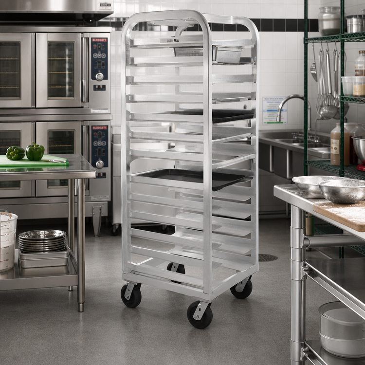 Product image #2 for Eagle Group Lifetime Series 18-Slide Stepped-Angle Aluminum Pan Rack with Casters, 25 x 26 x 73 Inches