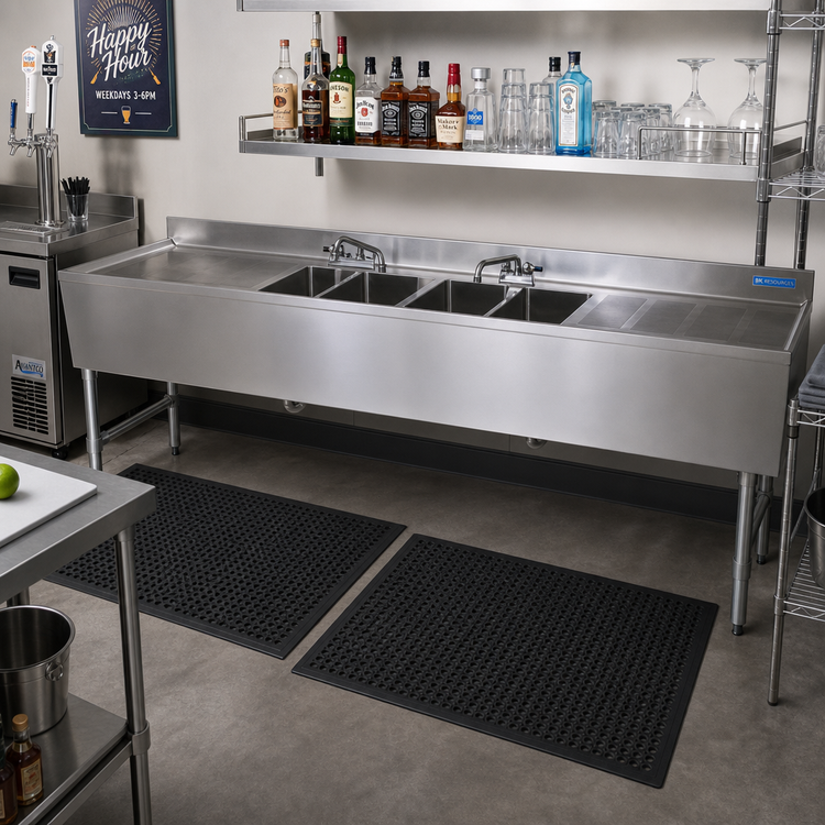 Product image #2 for BK Resources Four-Compartment Stainless Steel Underbar Sink with Dual Drainboards, 96 Inch Wide