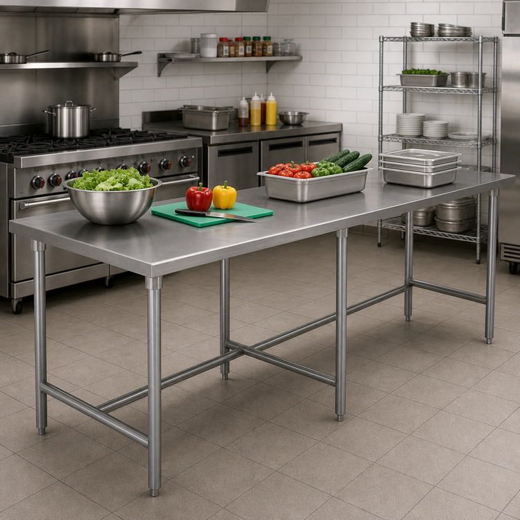 Product image #2 for Advance Tabco 108-Inch x 24-Inch Flat Top Open Base Work Table with 430 Stainless Steel Top and Galvanized Legs
