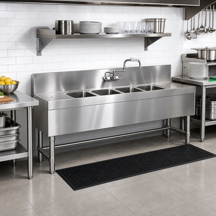 Product image #2 for Spec-Bar Four-Compartment Underbar Sink Unit, 48"W x 19"D, 304 Stainless Steel, No Drainboards, with Faucet