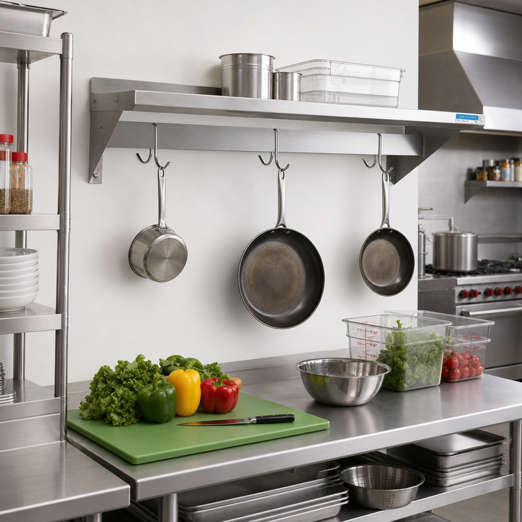 Product image #2 for Economy T-430 Stainless Steel Wall Shelf With Pot Rack, 36 x 16 Inches
