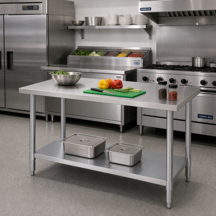 Product image #2 for Turbo Air 60-Inch x 24-Inch 18/430 Stainless Steel Flat Top Work Table with Galvanized Undershelf