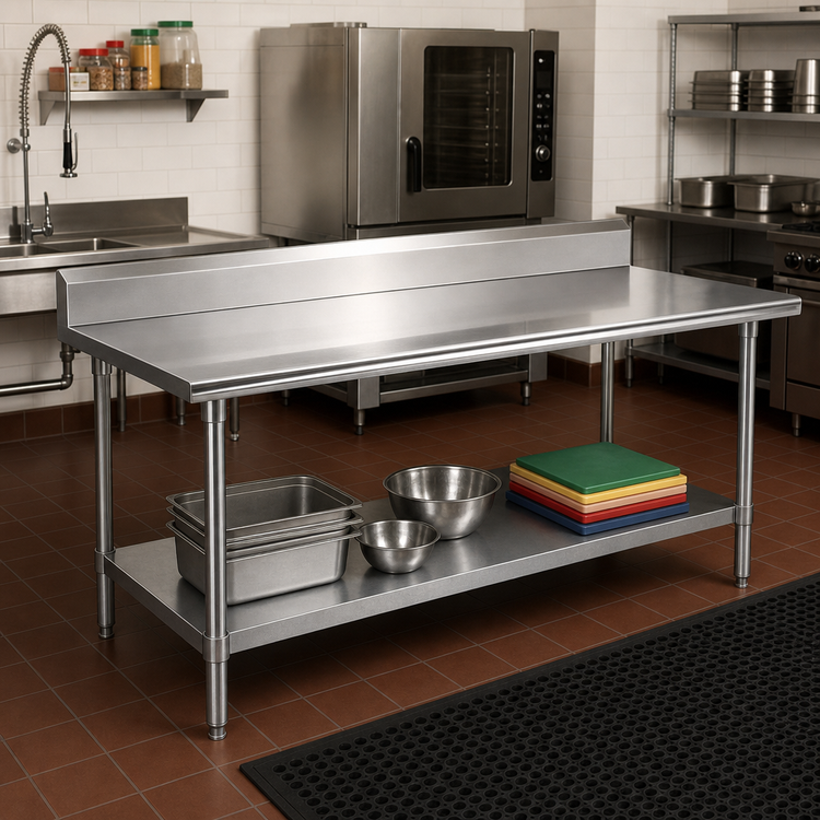 Product image #2 for Advance Tabco Premium Series 144-Inch x 36-Inch Work Table with 304 Stainless Steel Top, 5-Inch Backsplash, and Galvanized Undershelf