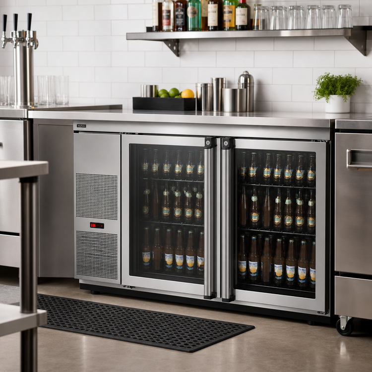 Product image #2 for Pro-Line E-Series 59-1/2 Inch Stainless Steel Two-Section Refrigerated Back Bar Cabinet with Glass Doors