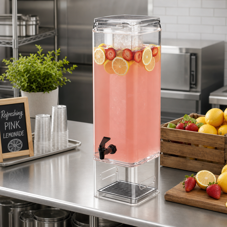 Product image #2 for Countertop Square Clear Acrylic Beverage Dispenser with Ice Chamber and Drip Tray, 5 Gallon
