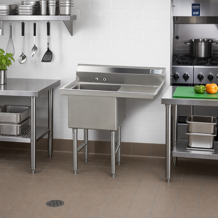 Product image #2 for Advance Tabco Special Value Series 1-Compartment Fabricated Sink with Right Drainboard, 18 x 24 x 14 Bowl, 16-Gauge Stainless Steel