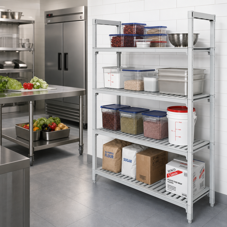 Product image #2 for Cambro Camshelving Elements XTRA 4-Shelf Universal Vented Shelf Kit, 21"W x 36"L, Speckled Gray