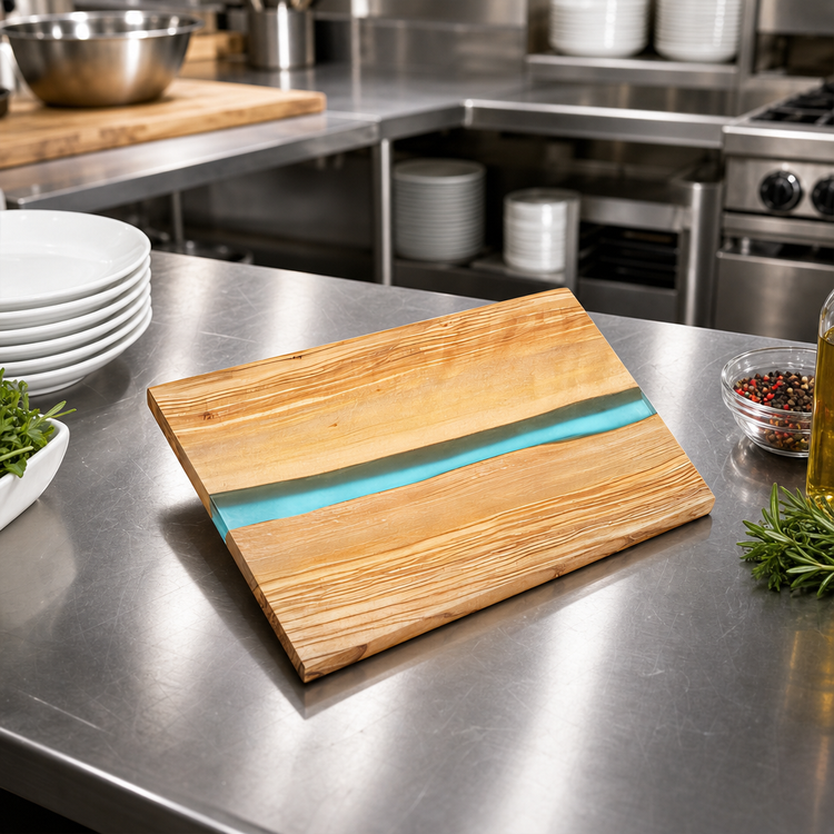 Product image #2 for American Metalcraft 12 x 10 Inch Olive Wood Rectangular Serving Board with Blue Polyresin Accent