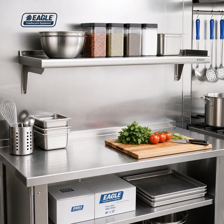 Product image #2 for Eagle Snap-n-Slide 48-Inch x 12-Inch Wall-Mounted Stainless Steel Shelf with Rolled Front Edge