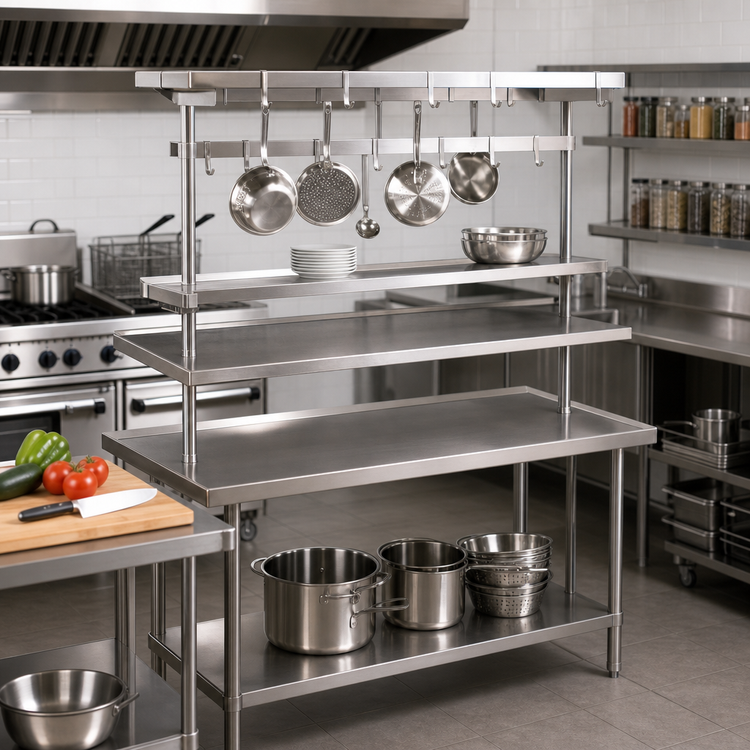 Product image #2 for Advance Tabco AUR-108 Adjustable Table-Mounted Stainless Steel Utensil Rack with 9 Pot Hooks