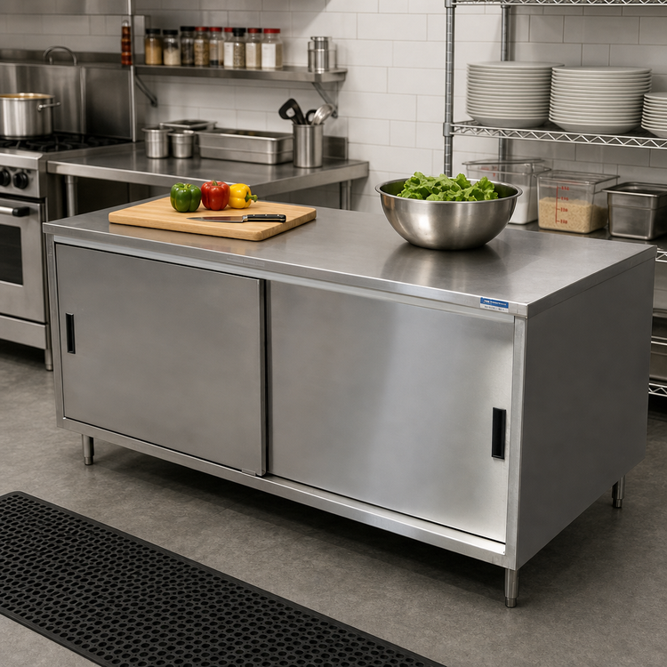 Product image #2 for BK Resources CST-2472S Stainless Steel Chef Table with Sliding Door Cabinet Base, 72 x 24 Inches