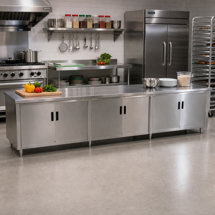 Product image #2 for Advance Tabco 144-Inch x 24-Inch Enclosed Work Table with Cabinet Base, Mid-Shelf, Hinged Doors, and 14-Gauge 304 Stainless Steel Top